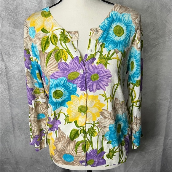 Talbots NWT Blue, Purple, Yellow, Green & Cream Floral 3/4 Sleeve Cardigan - LP - Picture 2 of 10